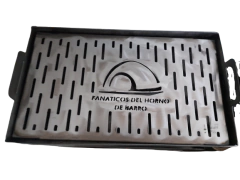 Bandeja CHICA de hierro c/desgrasadora horno barro c/ruedas fundición 60x35 cm.