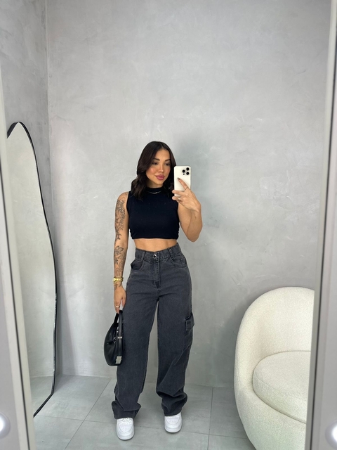 CALÇA JEANS WIDE LEG CARGO BLACK