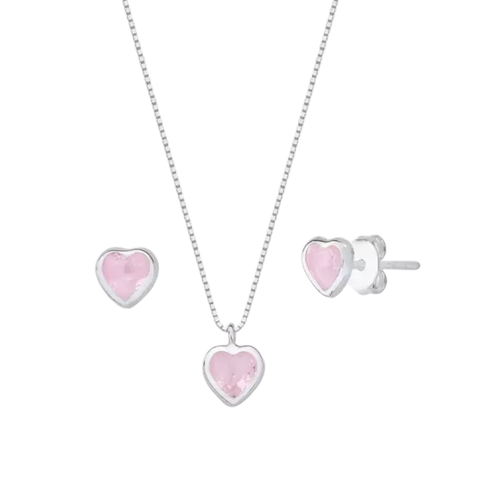 Conjunto de Prata Coração Rosa Quartzo - comprar online