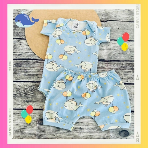 Conjunto Body manga curta e Short - Baleia voadora