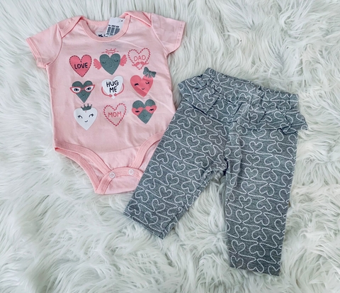 Conjunto Brandili Body e Calça Coração Rosa e Cinza