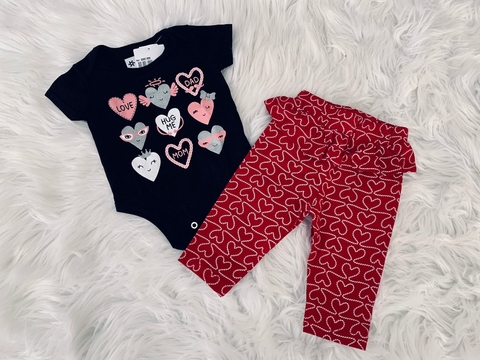 Conjunto Brandili Body e Calça Coração Preto e Vermelho