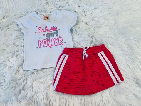 Conjunto Livy - Blusa e Short Saia - Baby Girl Power Branco e Rosa