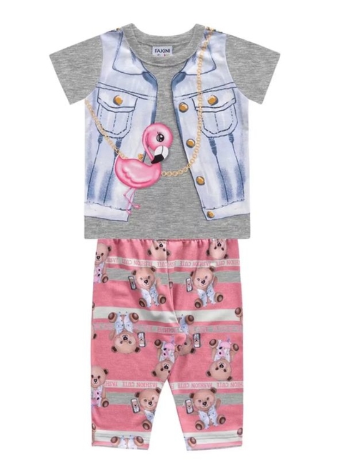 Conjunto Fakini - Blusa e calça capri - Flamingo ursa rosa
