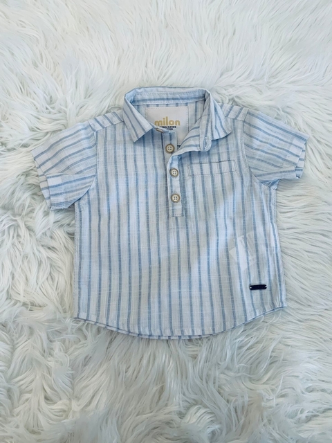 Camisa Social Milon Linho Listrada off e azul