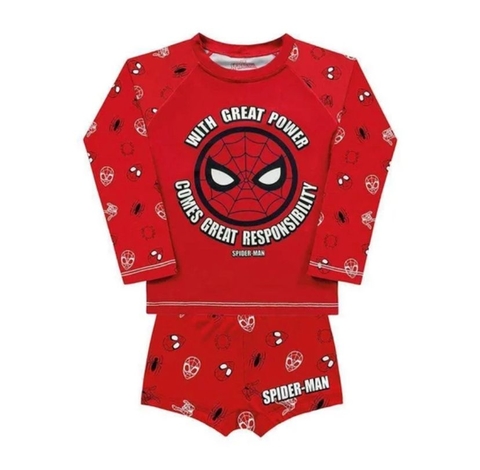Moda Praia - Fakini Kids - Conjunto Camiseta Mangas Longas e Sunga Boxer Spiderman Vermelho