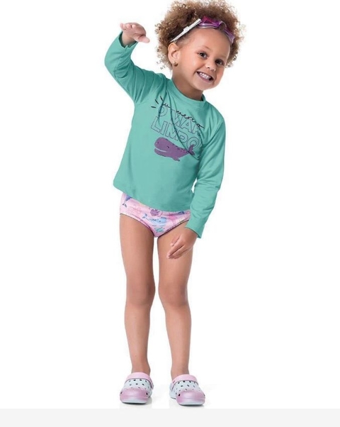 Moda Praia - Conjunto Camiseta Mangas Longas e Calcinha Proteção UV 50+ Mar