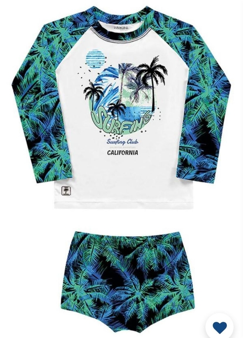 Moda Praia - Fakini Kids - Conjunto Camiseta e Sunga Surfing Branco e azul