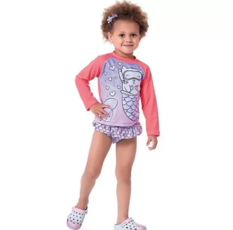 Moda Praia - Conjunto Camiseta Mangas Longas e Calcinha Proteção UV 50+ Gatinha Sereia