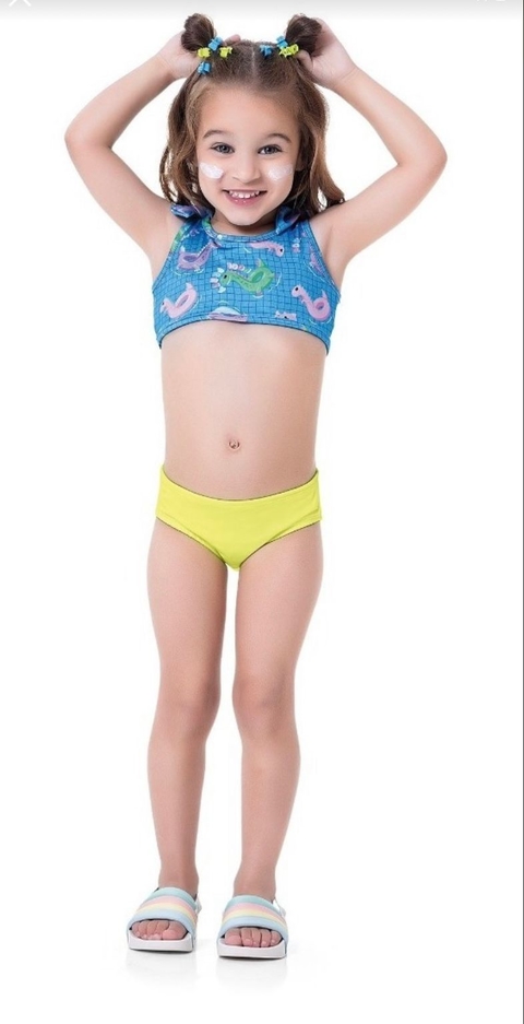 Moda Praia - Fakini - Conjunto Biquíni Moda Praia boia Dino Amarelo e Azul