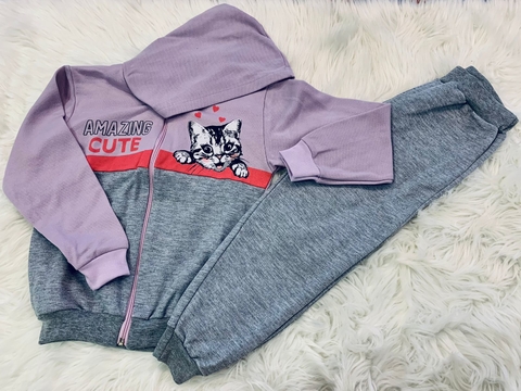 Conjunto Moletom Viston peluciado - Jaqueta com capuz Silk e Calça - Gatinha