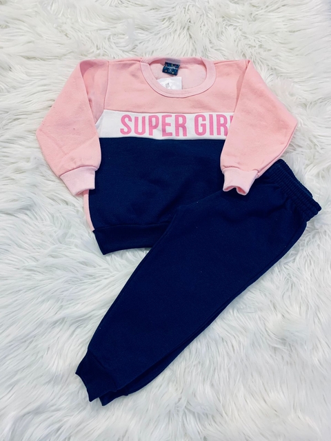 Conjunto Moletom Viston peluciado - Blusa com Calça - Super Girl Rosa