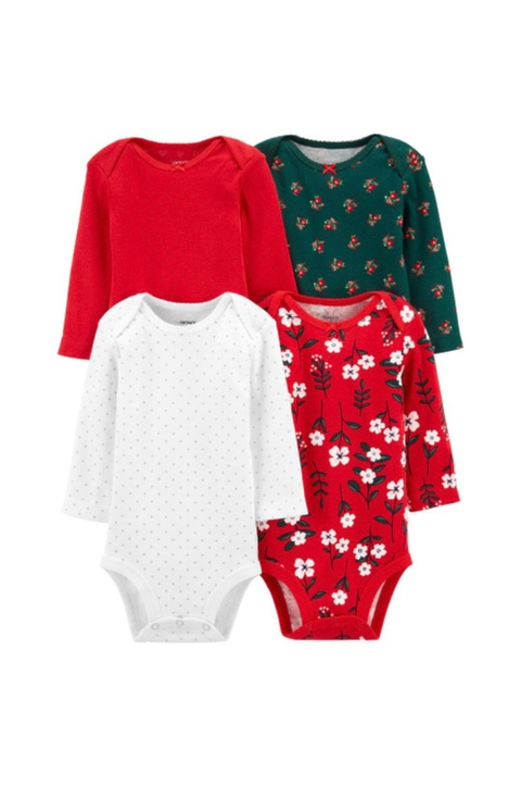 Kit Body Carter's manga longa Floral Vermelho
