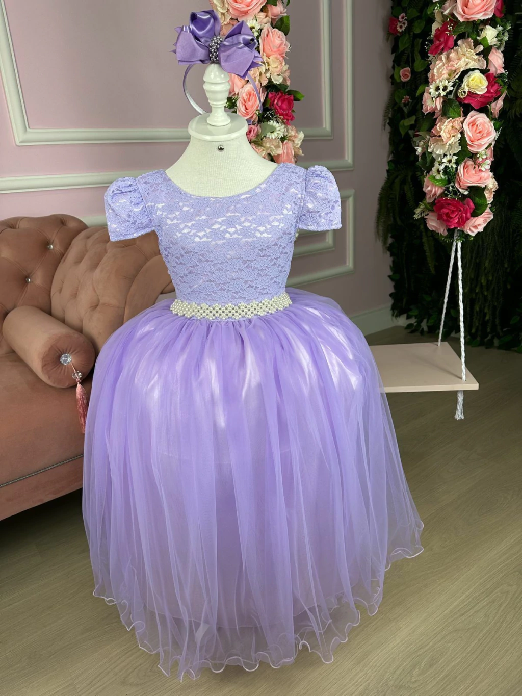 Vestido Enjoy Longo Laura Lilas Rendado