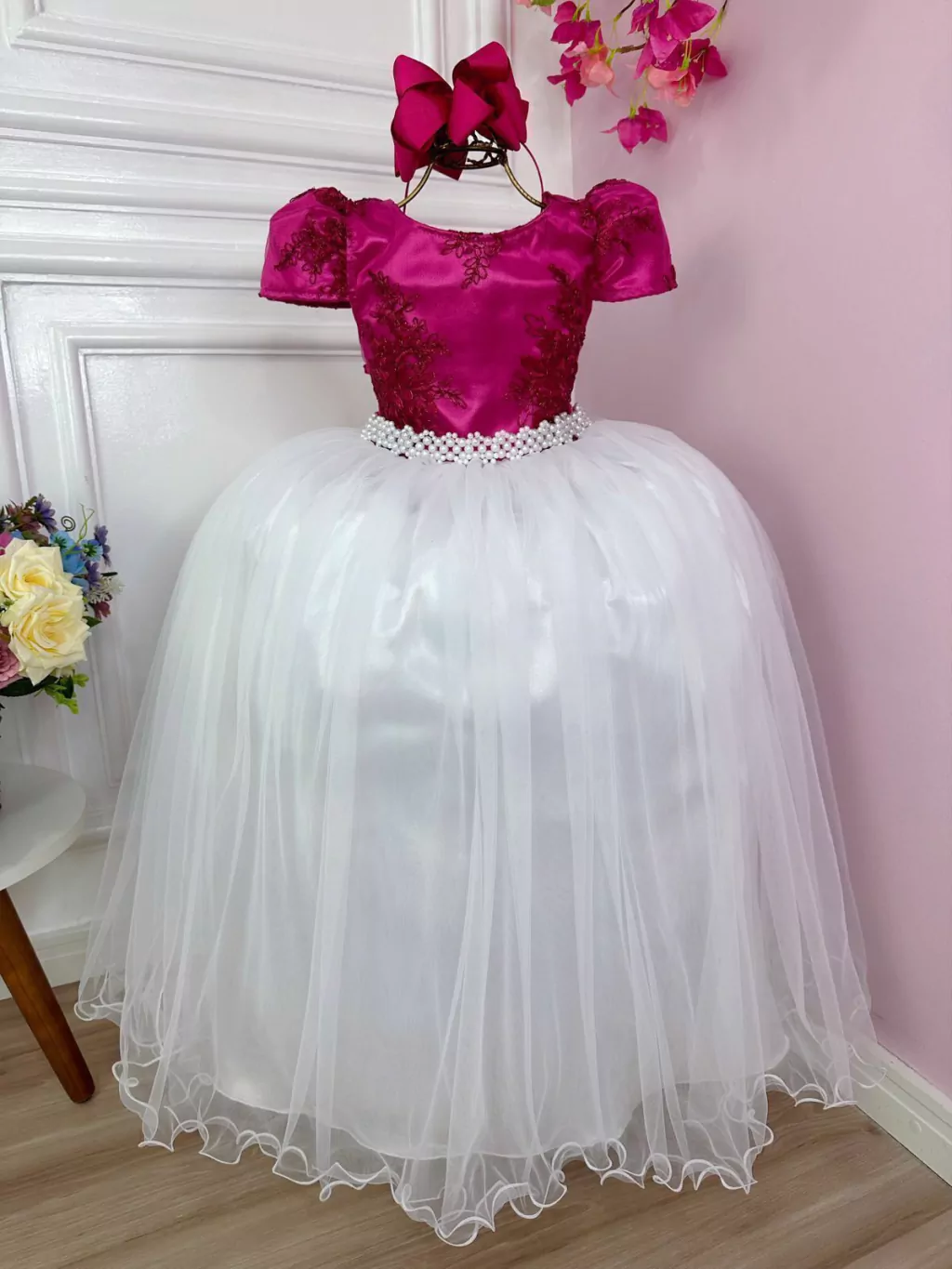 Vestido Infantil Pink C/ Renda Saia Branca Damas Longo