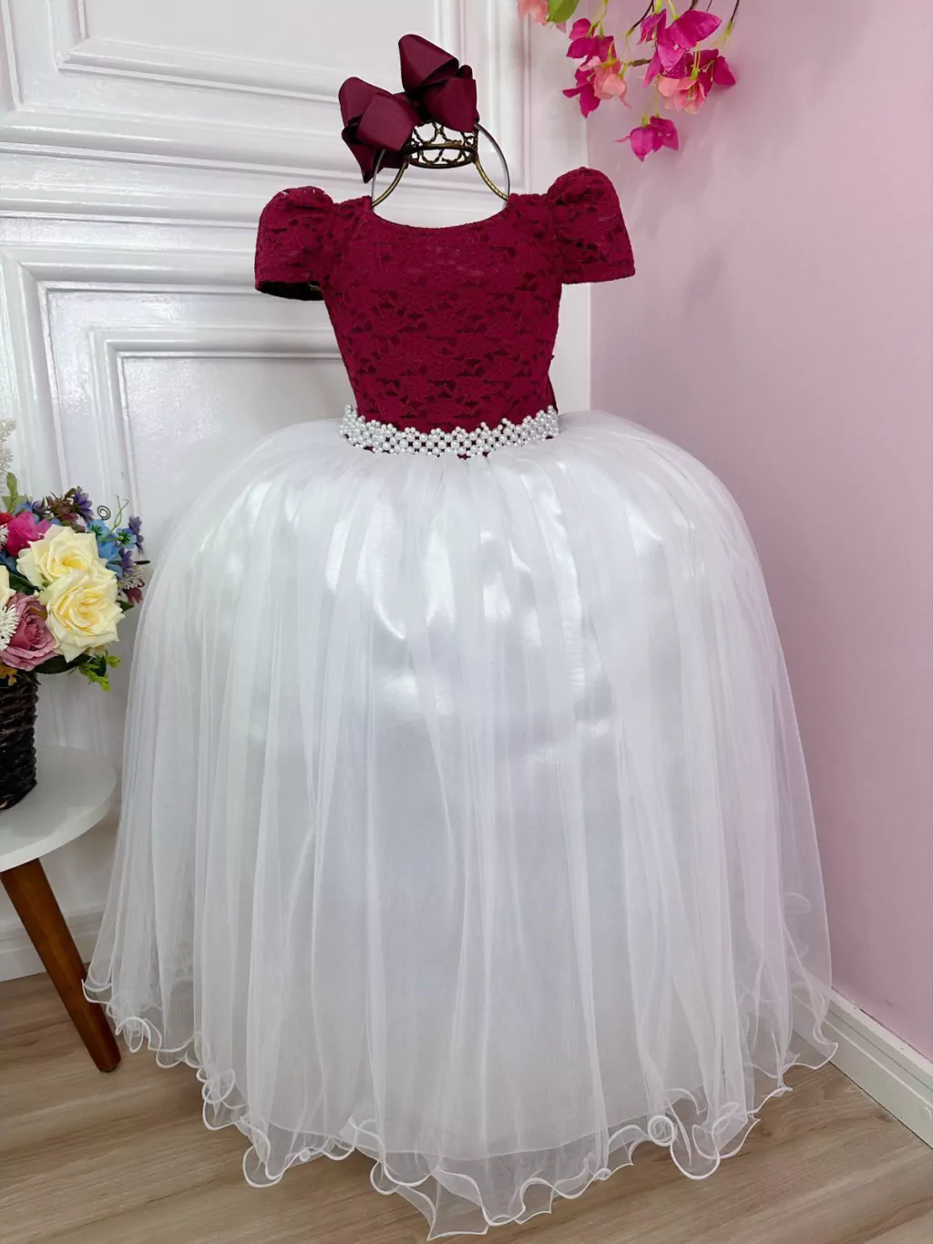 Vestido Infantil Marsala C/ Renda Saia Branca Damas Longo