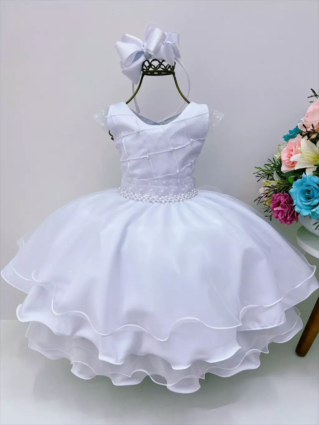 Vestido Infantil Branco C/ Nervura Cinto de Pérolas Luxo