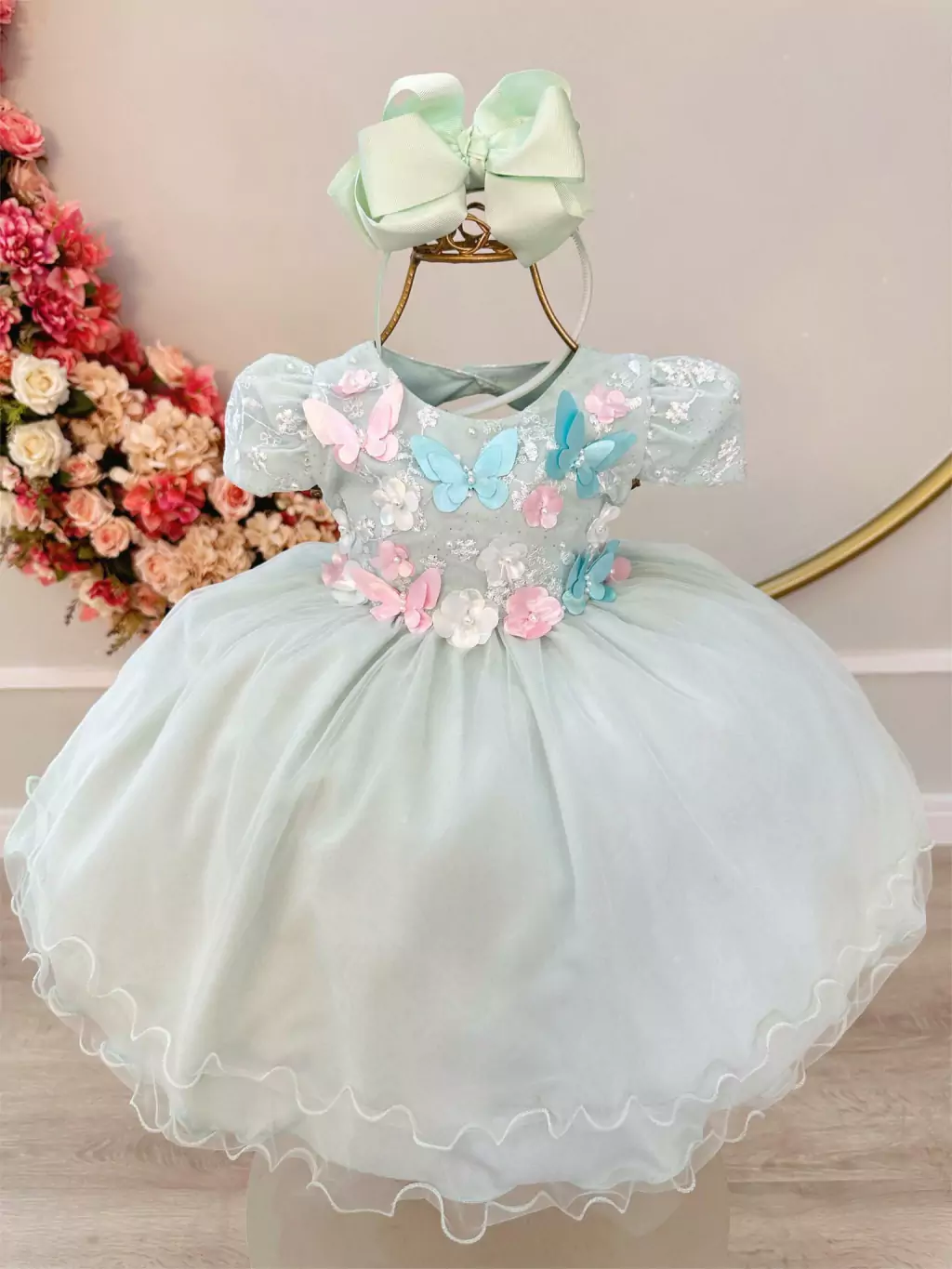 Vestido Infantil Bebê Verde C/ Renda Jardim Encantado Pérolas