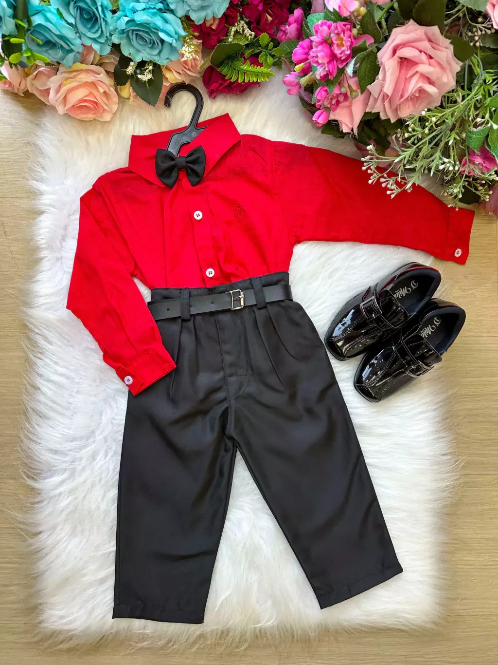 Conjunto Masculino Miss Cherry Social Vermelho Linho Com Calça Preto Henrique