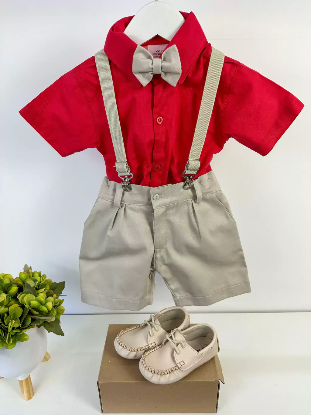 Conjunto Miss Cherry Henry Vermelho Suspensório Bege