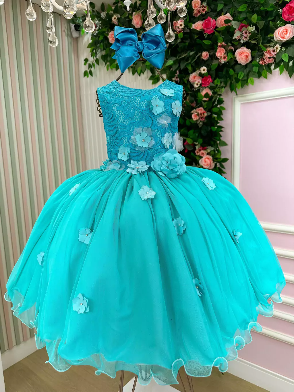Vestido Juvenil Vila Lele Regata Flores Verde Tiffany