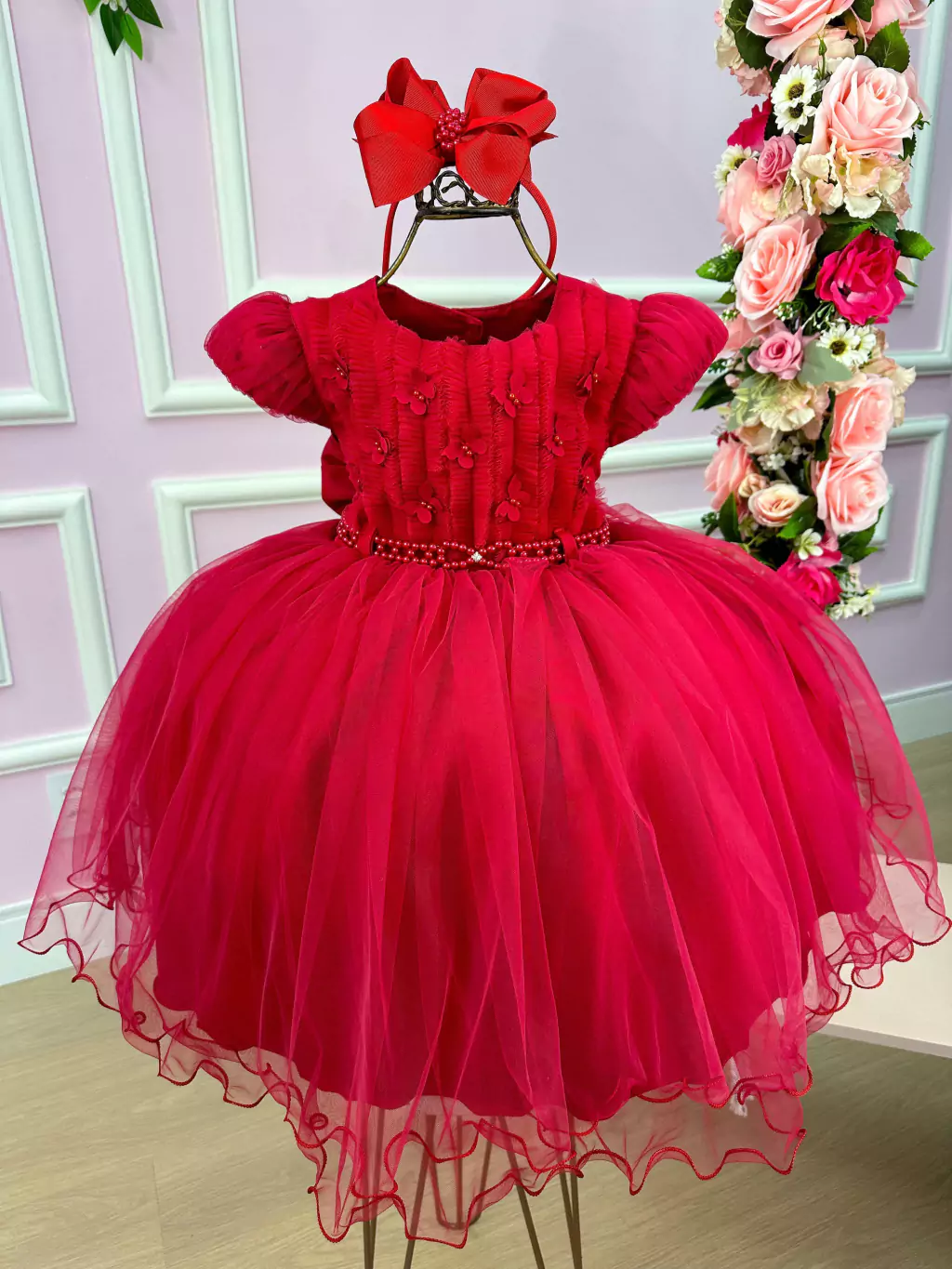Vestido Menina Bonita Vermelho Borboletas Peito Tule