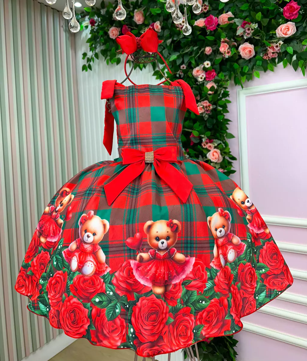 Vestido Marie Madeline Ursinho Xadrez Vermelho