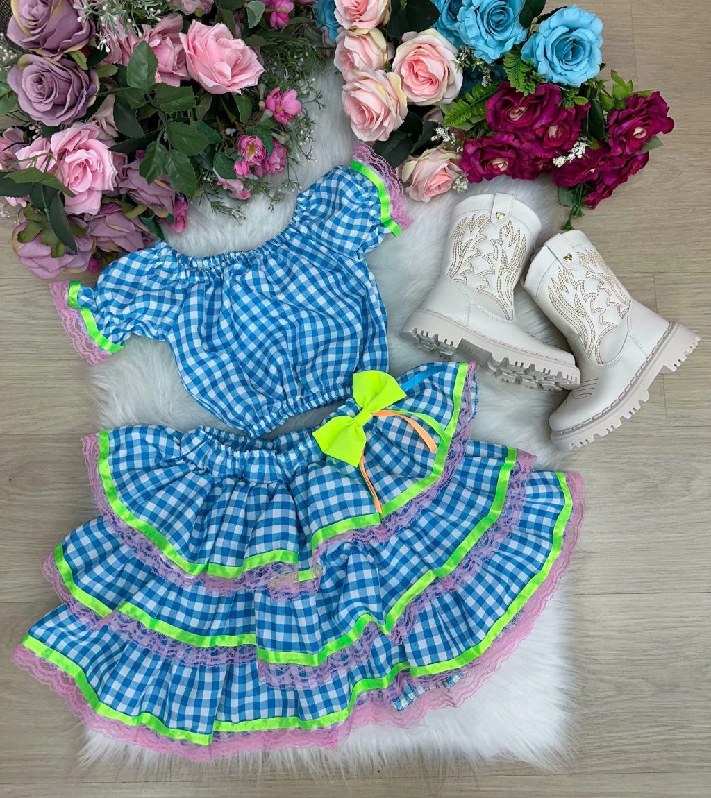 Conjunto Junino Banana Club Sofia Xadrez Azul