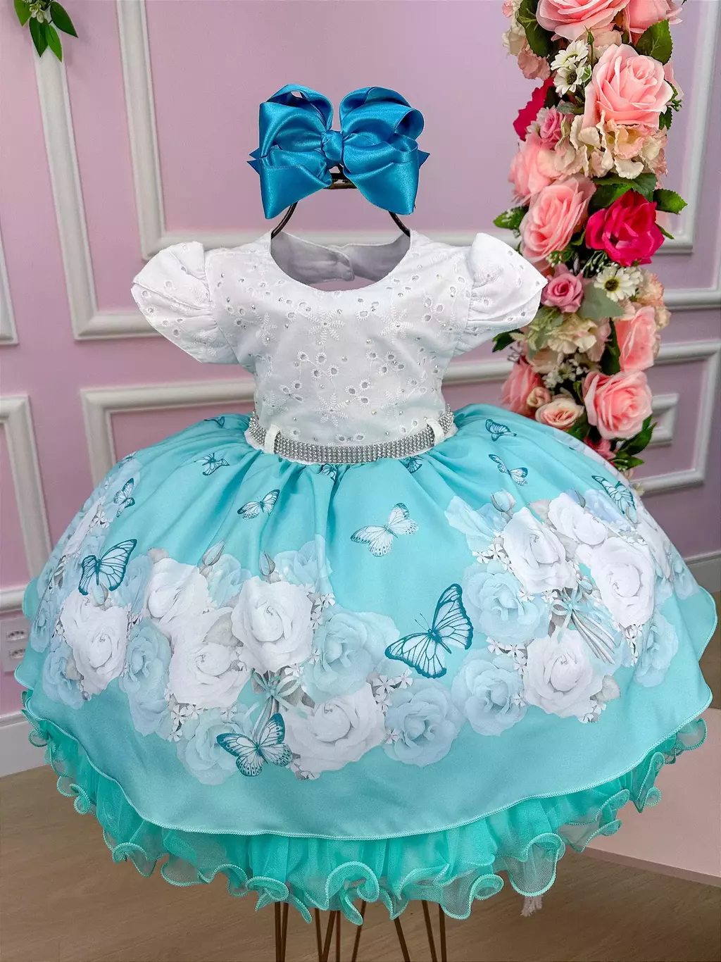 Vestido Menina Bonita Branco Saia Azul Tiffany Florida