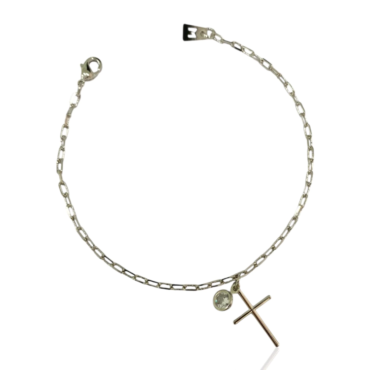 PULSEIRA RELIGIOSA CRUZ PONTO DE LUZ CRISTAL EM RÓDIO BRANCO