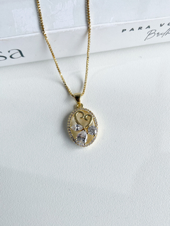 Colar Gold Oval Coração e Brilhantes