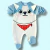 Macacão azul para bebê menino com estampa de cachorro sorridente, lenço vermelho com bolinhas brancas e detalhes em azul claro nas extremidades