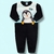 Macacão preto e branco para bebê menino em fleece com estampa de pinguim sorridente e detalhes em azul claro