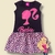 Vestido infantil Barbie com estampa de onça e detalhe em rosa.