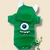 Body de bebê verde com estampas do personagem Mike do Monstros S.A. e touquinha com orelhas brancas.