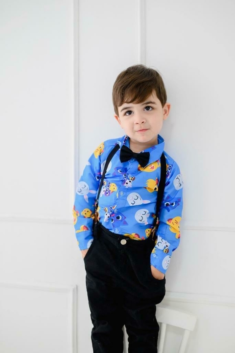 Camisa manga longa infantil Bolofofos Azul com gravata