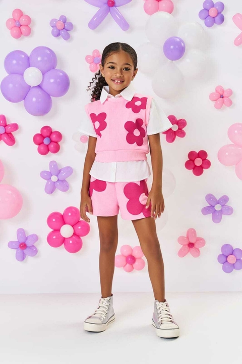 Conjunto Infantil Menina Camisa, Colete E Short Flores Rosa Mundo Cinti
