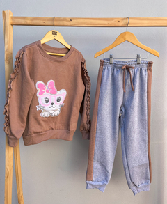 Conjunto Moletom juvenil gatinho óculos - chocolate com Cinza - loja online