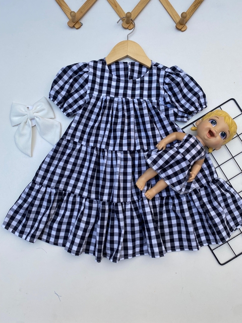 Vestido de Manga - Xadrez - Preto e branco - ID494 - comprar online