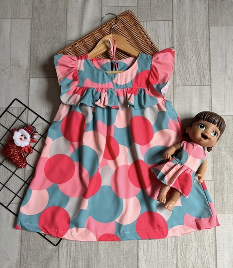 Vestido de Manga _ vermelho e verde - babado - Colorido - ID412