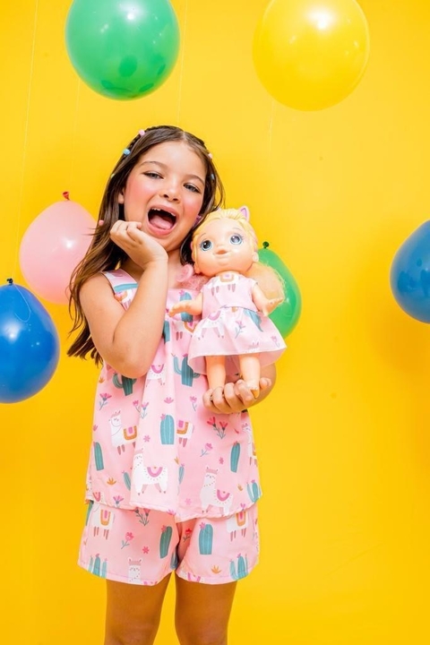 Conjunto Feminino Alça - Ajuste nas costas - Estampa Lhama - Rosa - ID439