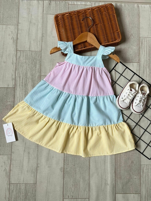 Vestido de Alça - Listras Azul/Rosa/Amarelo - Colorido - ID384