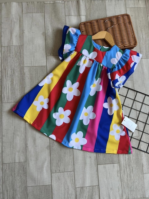 Vestido de Manga Dupla - Estampa Flores - Listrado - Colorido - ID398