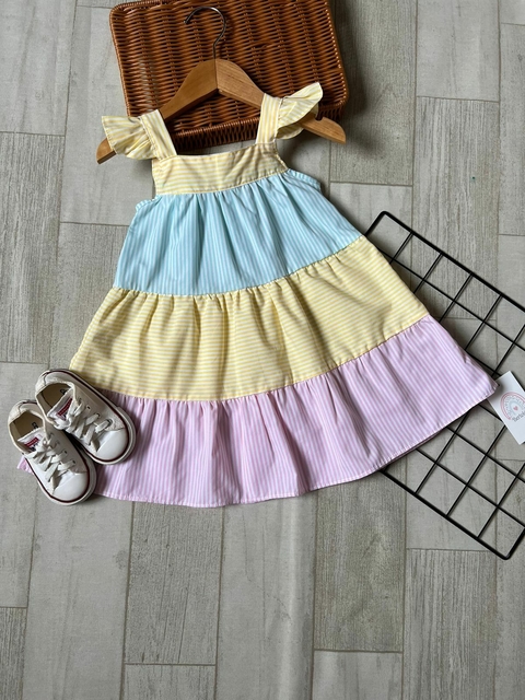 Vestido de Alça - Listras Amarelo/Azul/Rosa - Colorido - ID383
