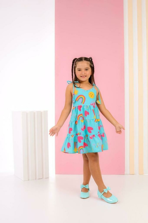 Vestido de Alça - Estampa Coracao - Azul - ID393