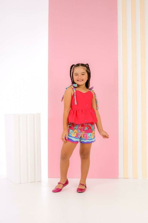 Conjunto blusa peplum e alça ajustável - Estampa Jardim - Coral - ID395