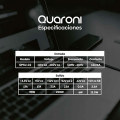 Imagen de Quaroni Fuente de Poder QPSU-02. Potencia hasta 600W, Ventilador 12 cm, conexión a MoBo 20+4 Pines, 2 SATA