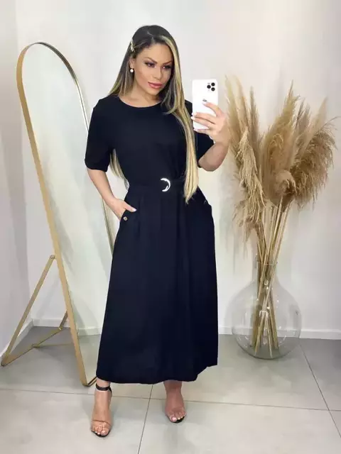 Vestido Midi c/ bolso e cinto (Preto) - comprar online