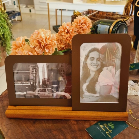 Porta Retrato Duplo de Mesa em aço Marrom