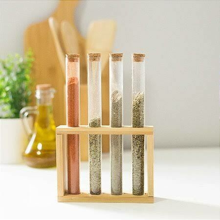 Conjunto 4 Tubos de Ensaio de Vidro e Suporte de Madeira